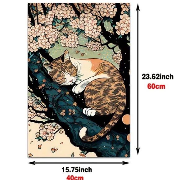 Art Canvas Poster Japanese Art Sleeping Calico Cat in Cherry Blossoms 16 x 24in - Picture 2 of 2